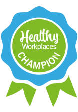 An image showing the Healthy Workplace Champions rosette that learners receive once they have completed the training